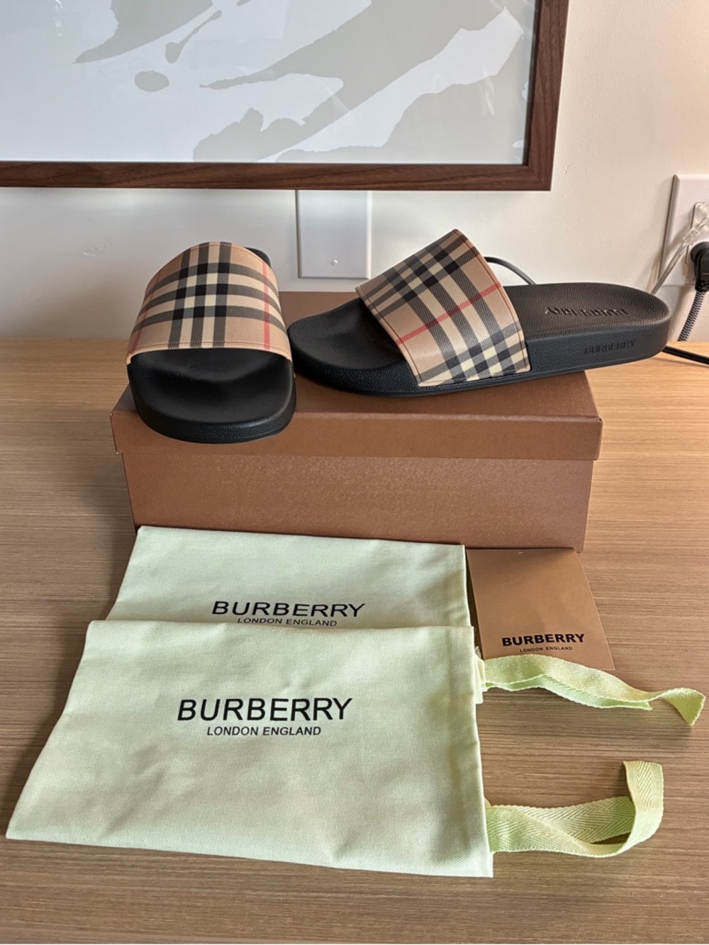 Authentic Burberry Beige Nova Check Slide Sandals with Black Footbed